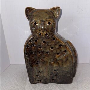 Ceramic Glazed Cat Incense/ tea light Holder - Brown/Green